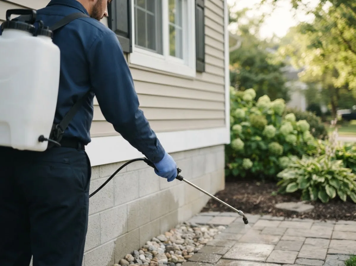 Pest control technician inspecting a home in Ashfield, MA